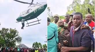 Homem se agarra a helicóptero durante decolagem após ter pedido de dinheiro negado, no Quênia