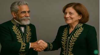 Imagem feita por IA mostra Machado de Assis dando as boas-vindas para Miriam Leitão na Academia Brasileira de Letras (ABL)