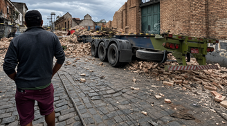 Elias contempla seu caminhão destruído em Santos.