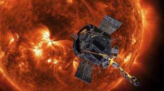 Ilustração mostra a Parker Solar Probe se aproximando do Sol: medições da sonda da Nasa e outra da Agência Espacial Europeia (ESA) permitiram aos cientistas identificar de onde pode estar vindo a energia que acelera e aquece o vento solar depois que ele sai do Sol Steve Gribben/Johns Hopkins APL/NASA via AP