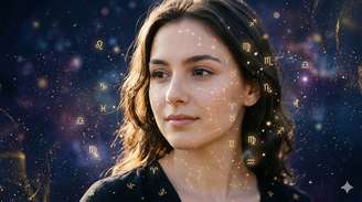 Rosto de mulher jovem com símbolos astrológicos e linhas de constelações sobrepostos, em fundo azul-marinho e roxo com detalhes dourados