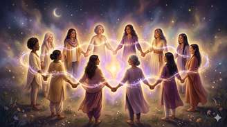 A circle of diverse women holding hands or gently touching, surrounded by soft golden and violet light radiating outward from the center of the group. The atmosphere is mystical, warm and empowering — not religious, but deeply spiritual. Particles of light seem to flow between each person, suggesting an invisible energetic field connecting them all. Background is soft and dreamy, with subtle stars or mist. Style: ethereal, warm-toned spiritual illustration with a modern, inclusive aesthetic. No text. Horizontal format, 16:9.