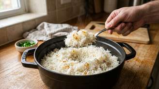 Durante esse breve refogado, uma fina camada de gordura se espalha pela superfície do arroz.