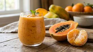 Quando mamão e laranja são batidos com a polpa e consumidos sem coar, grande parte da fibra permanece na bebida.