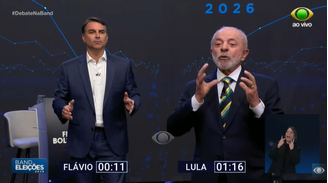 Lula  (PT) e Flávio Bolsonaro (PL) durante debate na Band