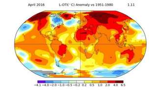 As regiões em vermelho mostram os locais onde a temperatura subiu mais no mês passado