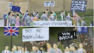 Miniaturas montadas em parque de Bruxelas reproduzem debate do "Brexit" no Reino Unido; Europa teme que eventual saída britânica tenha efeito destrutivo sobre bloco europeu 