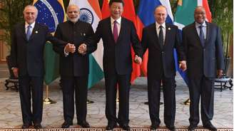 Os respectivos representantes do bloco dos Brics: Michel Temer (Brasil), Narenda Modi (Índia), Xi Jinping (China), Vladimir Putin (Rússia) e Jacob Zuma (África do Sul)