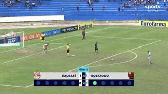 SporTV trocou escudos do Taubaté (SP) e Botafogo por RB Brasil e Flamengo, respectivamente, durante disputa de pênaltis na Copinha (Reprodução / SporTV)