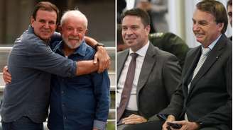 Prefeito do Rio, Eduardo Paes (PSD), com o presidente Luiz Inácio Lula da Silva, e deputado federal Alexandre Ramagem (PL-RJ) ao lado do ex-presidente Jair Bolsonaro (PL).