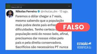 É montagem postagem atribuída a Nikolas Ferreira sobre fazer o dólar chegar a R$ 7