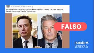 Não há evidências de que Elon Musk tenha comprado a emissora ou que o ator americano Alec Baldwin tenha xingado o bilionário publicamente.