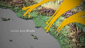 Um mapa mostra como os ventos de Santa Ana sopram.