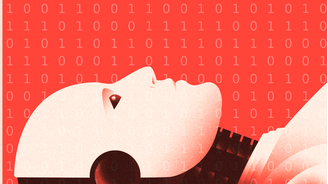 Ilustração foca em robô deitado olhando para cima, com código binário atrás