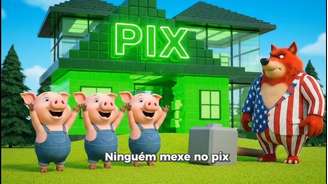 Na peça, o Lobo Mau ataca o Pix e aparece usando uma roupa com a bandeira dos EUA.