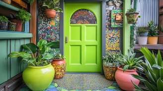 Cores alegres, texturas atraentes e plantas transformam a área da porta principal num convite às boas energias