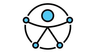 Uma figura simétrica conectada por quatro pontos a um círculo, representando a harmonia entre o ser humano e a sociedade, e com os braços abertos, simbolizando a inclusão de pessoas com todas as habilidades, em todos os lugares.