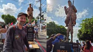 Belem Pará 15/11/2025 METROPOLE - Marcha Global pelo Clima - COP30 Combo The Plague Orange - Um coletivo de arte americano expôs durante a marcha uma escultura chamada "A praga laranja", com a imagem do presidente americano, Donald Trump sobre as costas de uma pessoa que afunda sob seu peso. Foto Paula Ferreira/Estadão