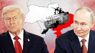 Uma colagem une imagens: de Trump e Putin diante do mapa da Ucrânia; de um prédio destruído; e da silhueta de um homem com uma metralhadora antiaérea.