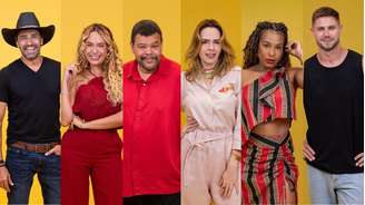 O grupo de Veteranos do BBB 26: Alberto Cowboy, Sarah Andrade, Babu Santana, Ana Paula Renault, Sol Vega e Jonas Sulzbach,