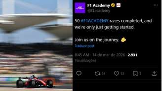 Colagem da publicação da F1 Academy no X em comemoração às 50 corridas na história da categoria, com a gafe de Leclerc.