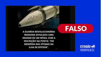 É falso que imagem mostre míssil iraniano com mensagem em homenagem a vítimas de Epstein