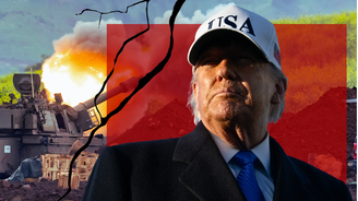 Imagem composta mostra o presidente americano Donald Trump carrancudo, com um boné de baseball branco com a inscrição "USA", casaco azul-marinho, camiseta azul clara e gravata azul, sobreposta sobre uma montagem de guerra, que inclui um tanque e uma explosão, com grandes rachaduras