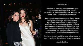 Atriz Alanis Guillen confirma fim de namoro com a produtora Giovanna Reis