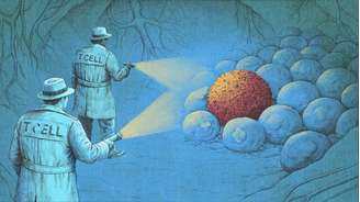 Ilustração de células T com forma humana com lanternas, investigando um tumor em meio a células normais