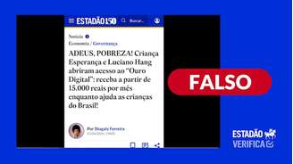 Luciano Hang e Criança esperança não inauguraram projeto de rendimentos financeiros; imagem imita identidade visual do Estadão