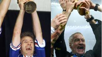 Didier Deschamps é campeão do Mundial de 1998 como jogador (E) e da Copa de 2018 como treinador (D).
