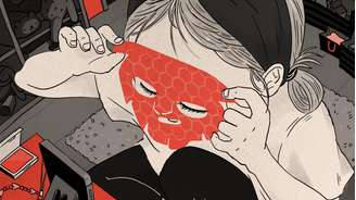 Ilustração mostra uma menina aplicando uma máscara facial vermelha em frente ao celular. Ela está cercada por sacolas de compras, recibos e frascos de cosméticos.
