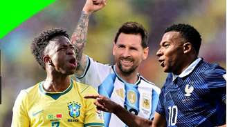Foto mostra Vinicius Junior, Lionel Messi e Kylian Mbappe usando os uniformes das seleções
