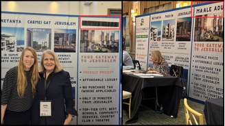Painel da empresa Tivuch Shelly em feira imobiliária e Londres (à esq.) e em evento anterior, em maio de 2026; na imagem mais recente, tarja preta foi removida.