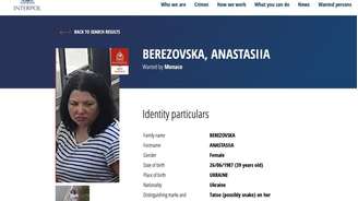 Captura de tela do "Alerta Vermelho" da Interpol contra Anastasiia Berezovska, suspeita de envolvimento em um atentado a bomba contra o milionário ucraniano Vadym Yermlaiev em Mônaco, em 3 de julho de 2026.