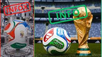 A verdadeira bola da Copa (à direita) e as imagen de inteligência artificial.