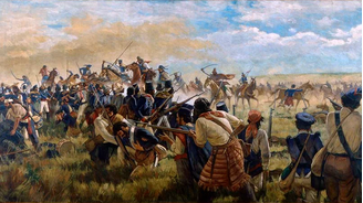 Caçadores brasileiros repelindo a cavalaria argentina na Batalha de Passo do Rosário, em tela de José Washt Rodrigues de 1937