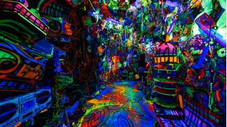 Cosmic Cavern (2023): Instalação imersiva criada pelo artista norte-americano Kenny Scharf, conhecida por suas formas orgânicas, cores vibrantes e personagens inspirados na cultura pop e na ficção científica. A obra transforma o espaço expositivo em um ambiente lúdico e psicodélico, característico do universo visual desenvolvido por Scharf ao longo de sua trajetória artística.