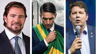 Da esquerda para direita, o banqueiro Daniel Vorcaro, do Master; o ator Jim Caviezel caracterizado como como Jair Bolsonaro no filme Dark Horse; e o deputado Mario Frias, que também é roteirista do filme