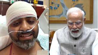 Montagem com as fotos do piloto indiano Smit Machchhar (à esquerda) e o primeiro-ministro Narendra Modi, que conversaram por ligação de vídeo nesta sexta-feira (2).