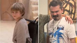 O ator Jake Loyd como Anakin Skywalker, aos 10 anos de idade, e em vídeo publicado nas redes sociais em outubro de 2026, aos 37 anos de idade,