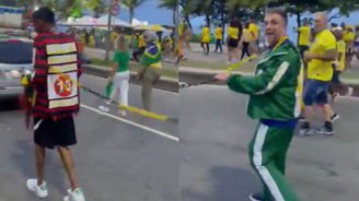 Homem negro acorrentado por branco durante ato de Flávio Bolsonaro (PL)