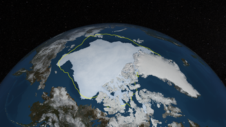 Imagem mostra a extensão do gelo no Ártico em 13 de Setembro de 2012 e o território que o gelo ocupava em 1981