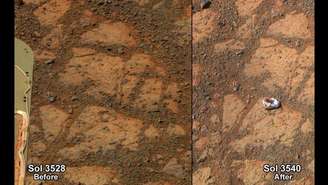 <p>Montagem com fotos da Nasa mostram a superfície de Marte. Cientistas estão intrigados sobre como uma pedra apareceu misteriosamente numa foto enviada de Marte pela sonda Opportunity</p>