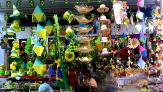 A Copa do Mundo mudou a paisagem do Saara, tradicional comércio popular do Rio de Janeiro: tem taça gigante, invasão de Fulecos, canetas para o corpo, tudo com preços para todos os gostos e bolsos de torcedores; veja fotos 