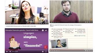 Alguns canais de finanças pessoais no YouTube: em sentido horário, do alto à esquerda: Me Poupe!, O Primo Rico, Blog de Valor e Maiara Xavier