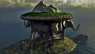 Quatro elefantes carregam o 'disco' do mundo e navegam sobre uma tartaruga