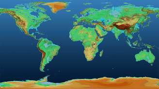 O mapa mostra variações de altitude na superfície terrestre ao longo de mais de 148 milhões de km²