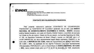 Reprodução da primeira página do contrato entre o BNDES e o governo de Cuba para construção do porto de Mariel, documento disponível no site do banco