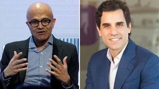 À dir., Satya Nadella, CEO da Microsoft​, e à esq., o CEO da Telefonica, Christian Gebara: os dois apresentarão palestras no AI + Tour - Brasil